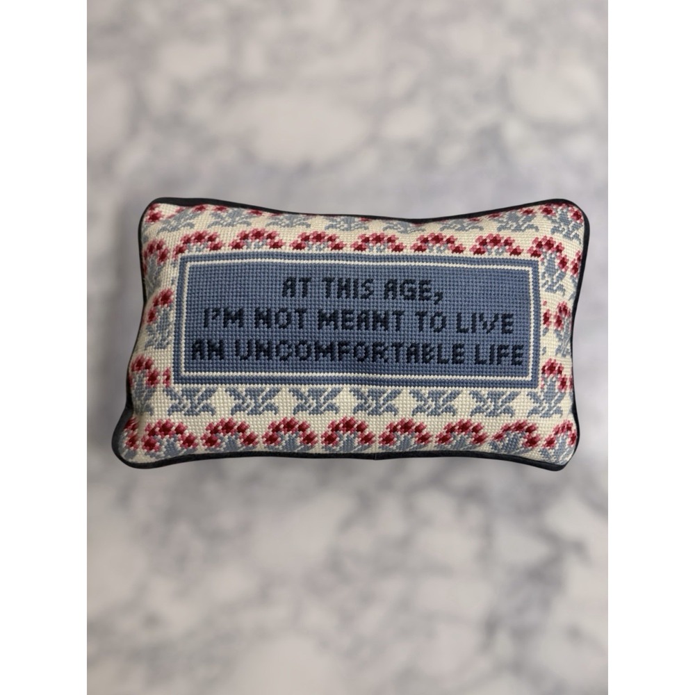 Furbish Studio Uncomfortable Life Needlepoint Pillow White Blue Lotus Flower